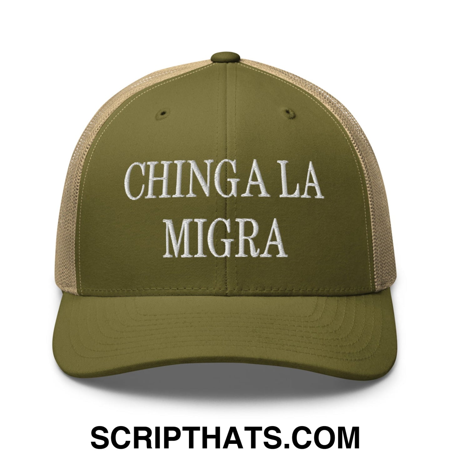 Chinga La Migra Embroidered Mesh Trucker Hat Moss Khaki