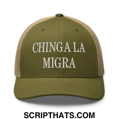 Chinga La Migra Embroidered Mesh Trucker Hat Moss Khaki