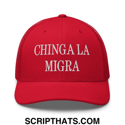 Chinga La Migra Embroidered Mesh Trucker Hat Red