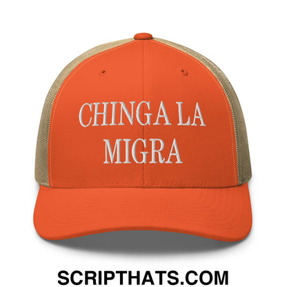 Chinga La Migra Embroidered Mesh Trucker Hat Rustic Orange Khaki
