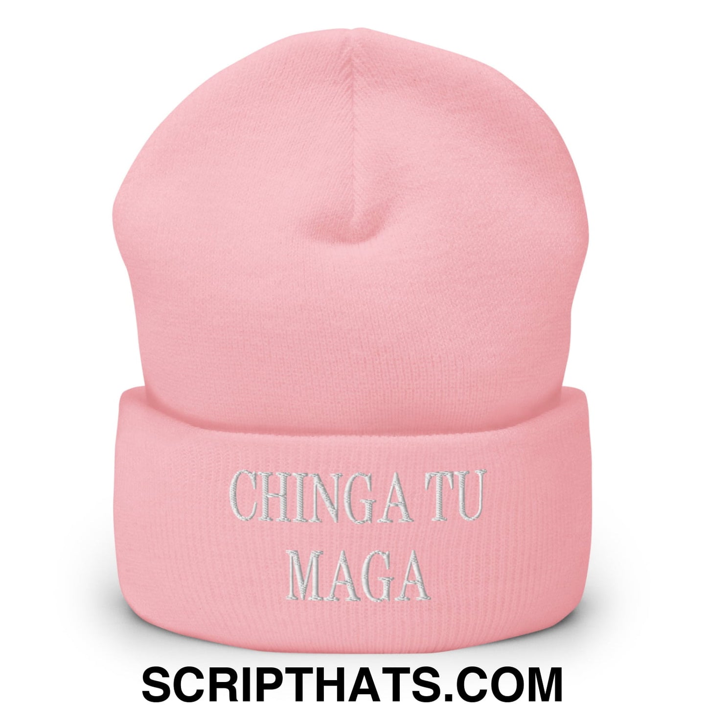 Chinga Tu MAGA Embroidered Knit Cuffed Beanie Baby Pink
