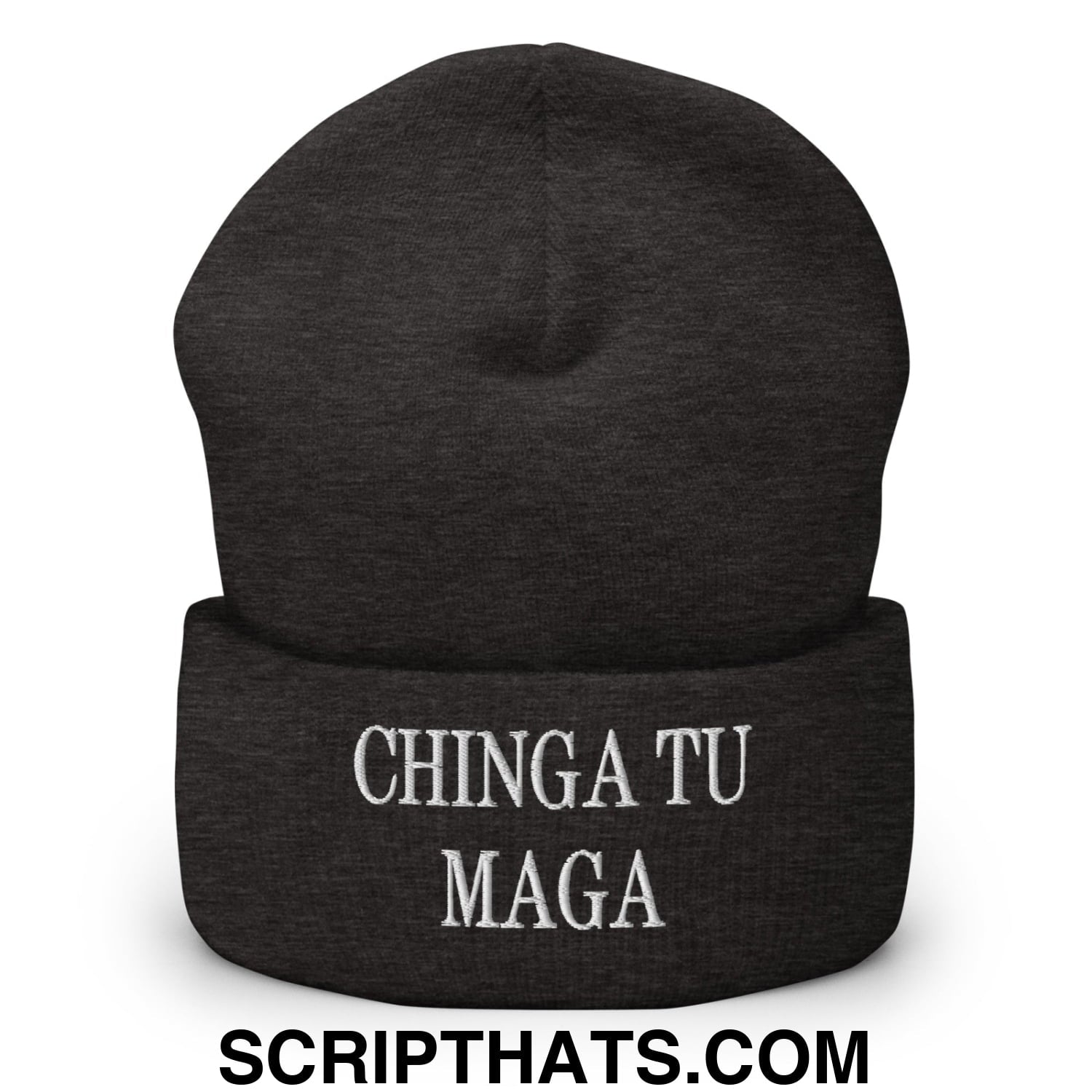 Chinga Tu MAGA Embroidered Knit Cuffed Beanie Dark Grey