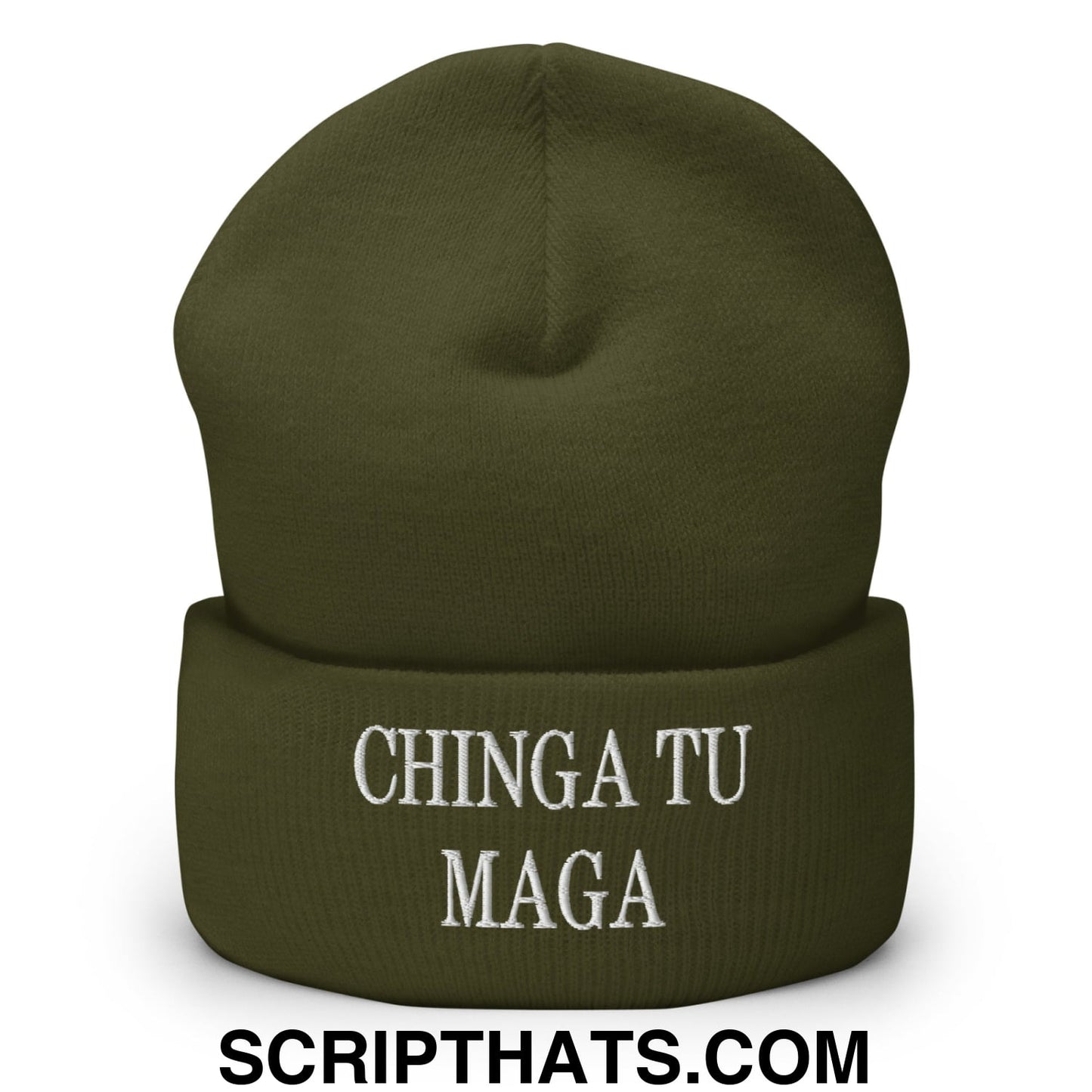 Chinga Tu MAGA Embroidered Knit Cuffed Beanie Olive