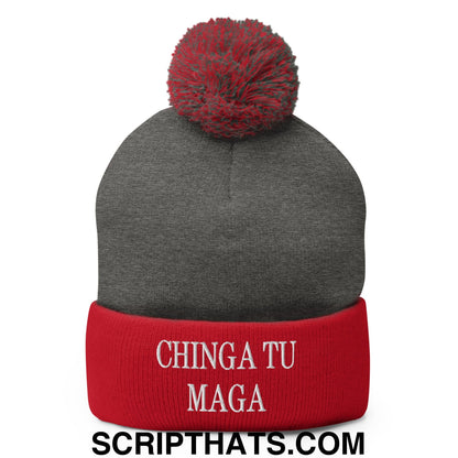 Chinga Tu MAGA Embroidered Knit Pom Pom Beanie Dark Heather Grey Red