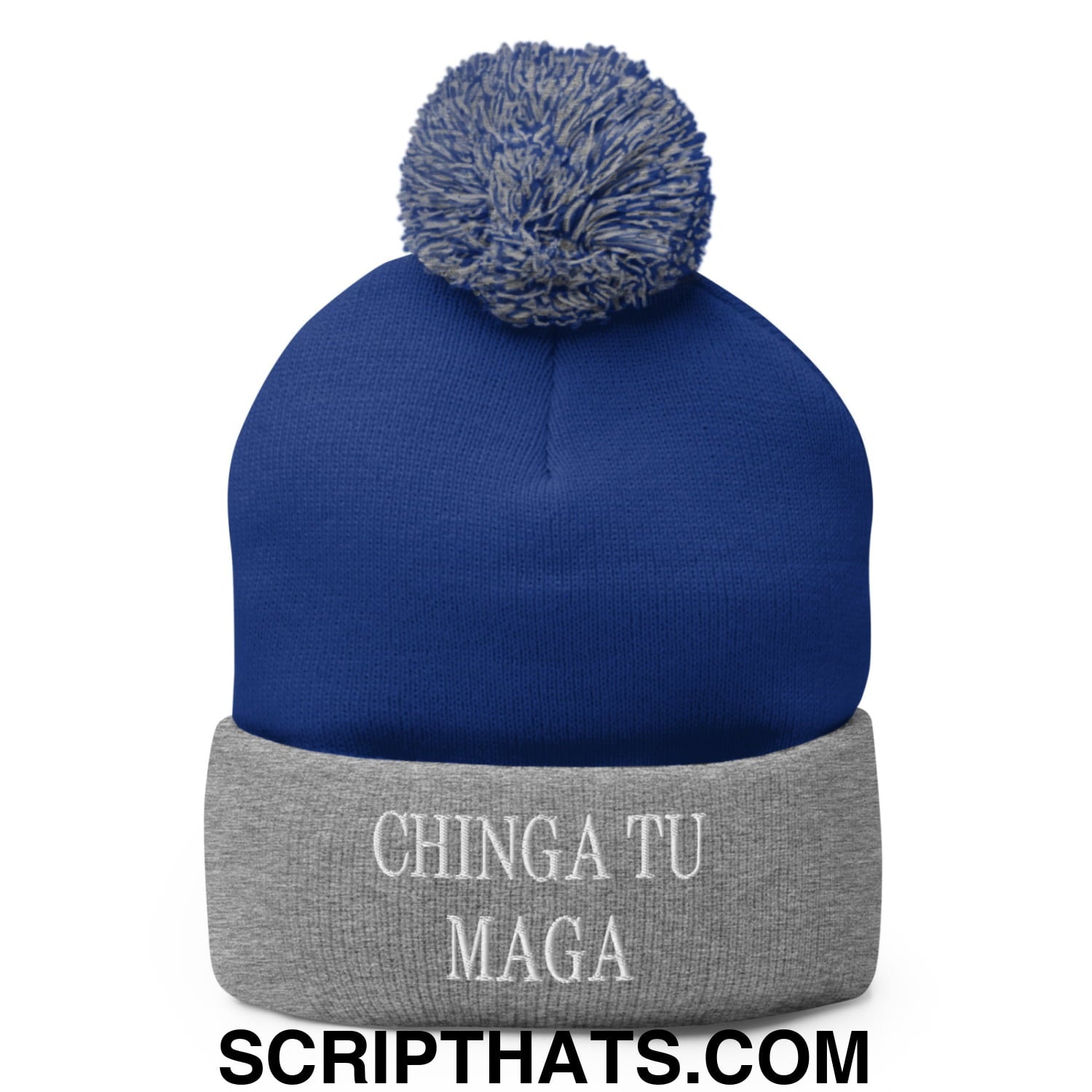 Chinga Tu MAGA Embroidered Knit Pom Pom Beanie Royal Heather Grey