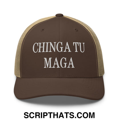 Chinga Tu MAGA Embroidered Mesh Trucker Hat Brown Khaki