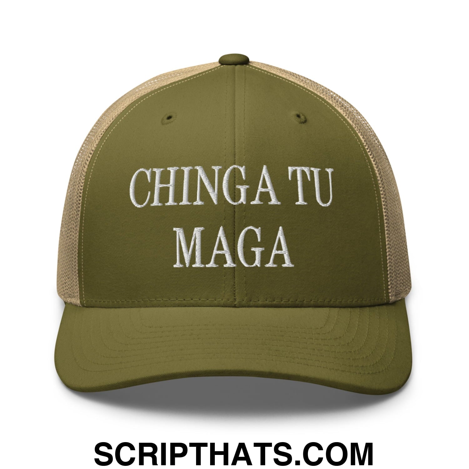 Chinga Tu MAGA Embroidered Mesh Trucker Hat Moss Khaki