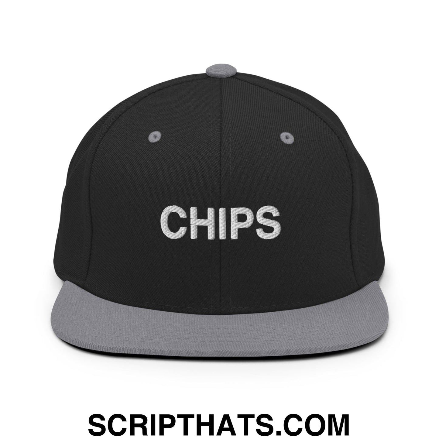 Chips Embroidered Flat Bill Brim Snapback Hat Black Silver
