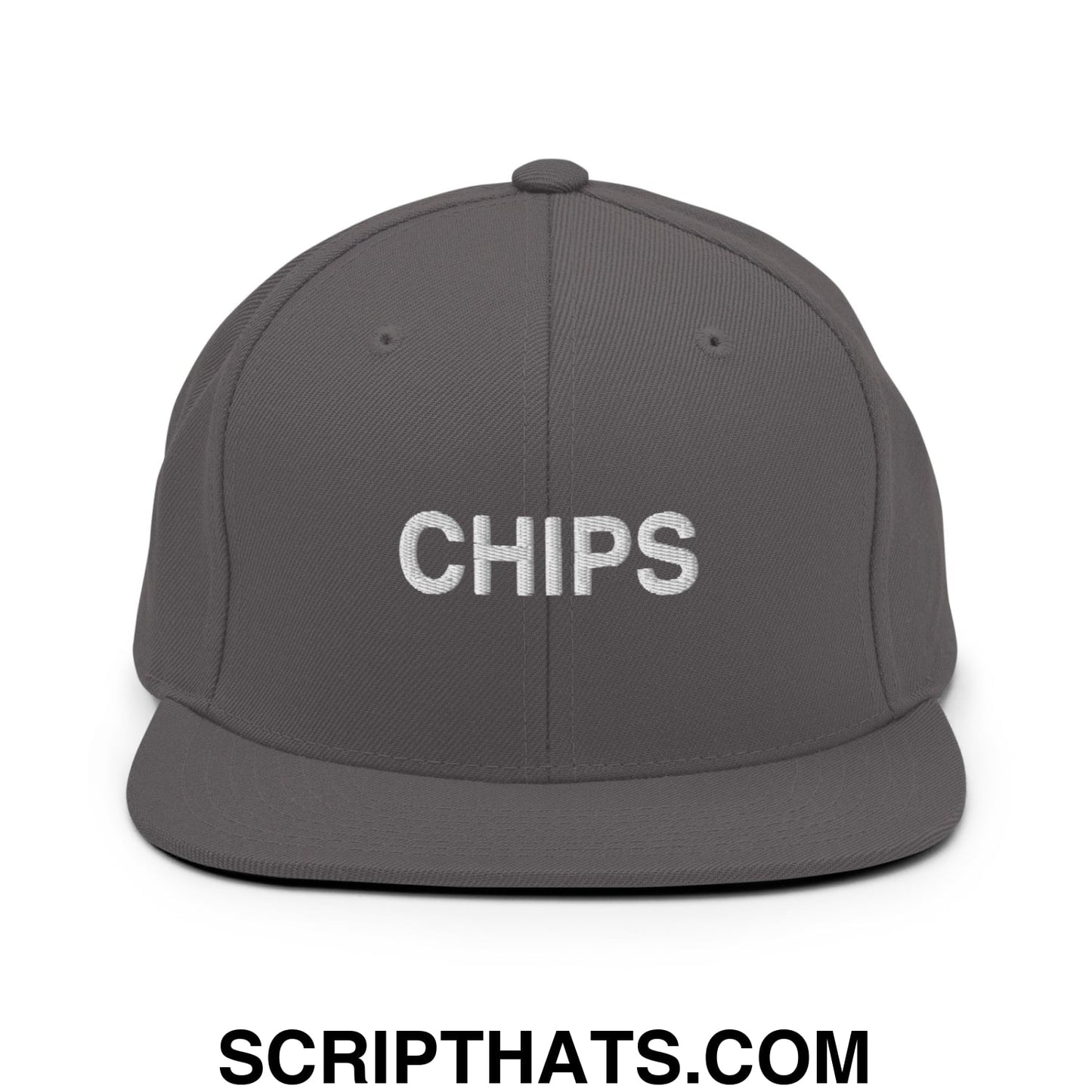 Chips Embroidered Flat Bill Brim Snapback Hat Dark Grey