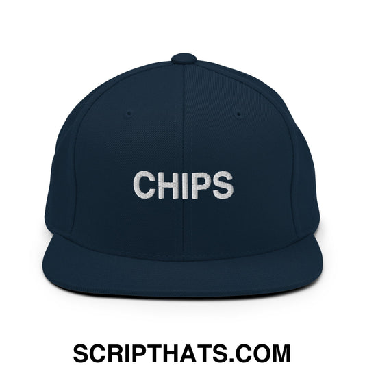 Chips Embroidered Flat Bill Brim Snapback Hat Dark Navy
