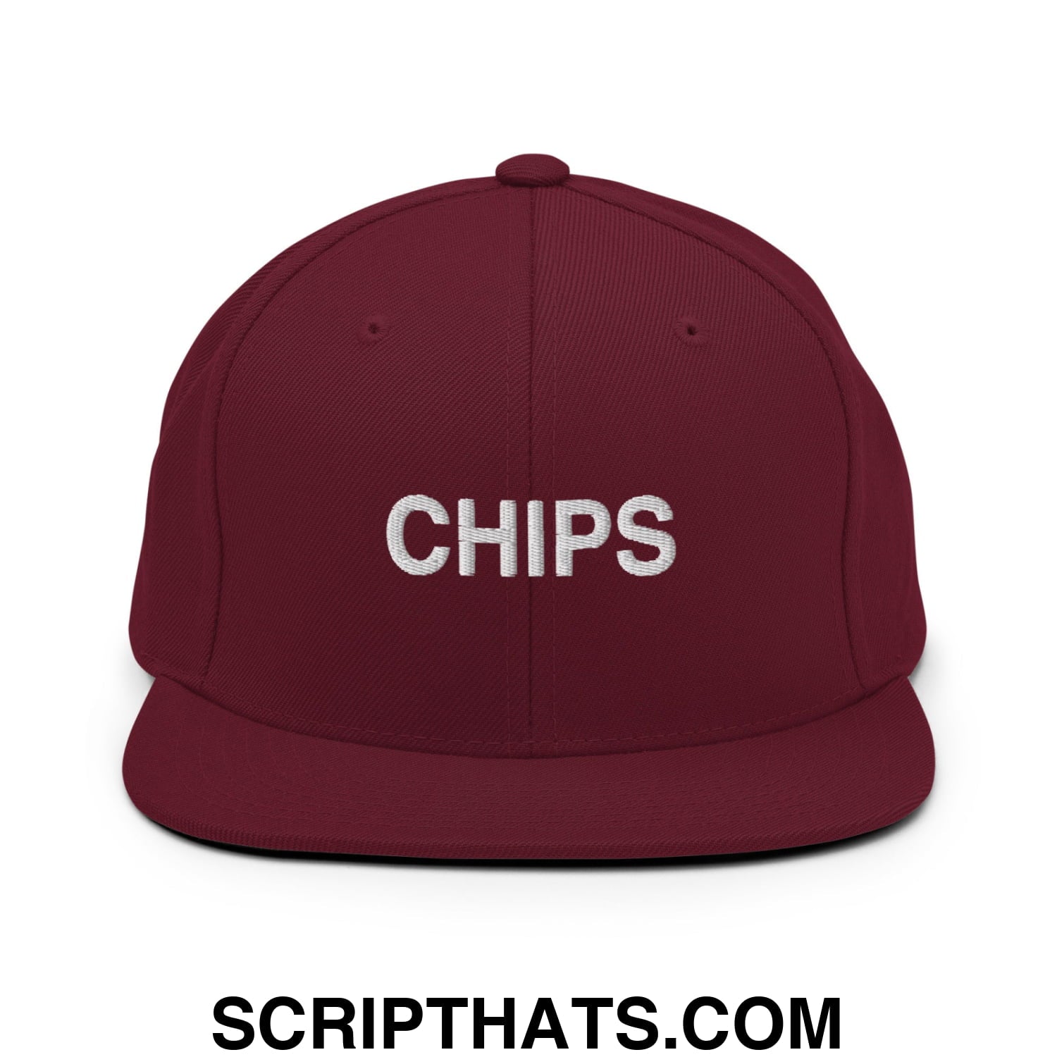 Chips Embroidered Flat Bill Brim Snapback Hat Maroon