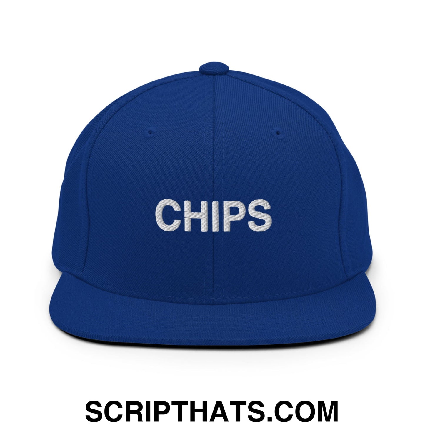 Chips Embroidered Flat Bill Brim Snapback Hat Royal Blue