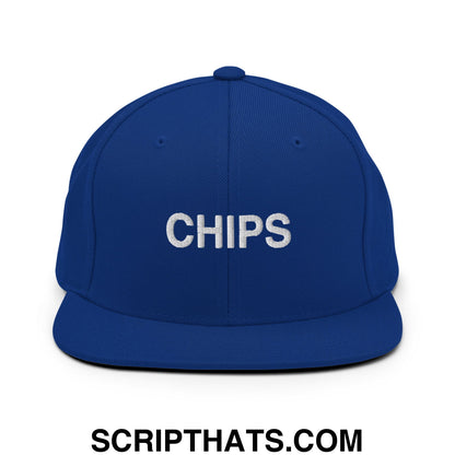 Chips Embroidered Flat Bill Brim Snapback Hat Royal Blue
