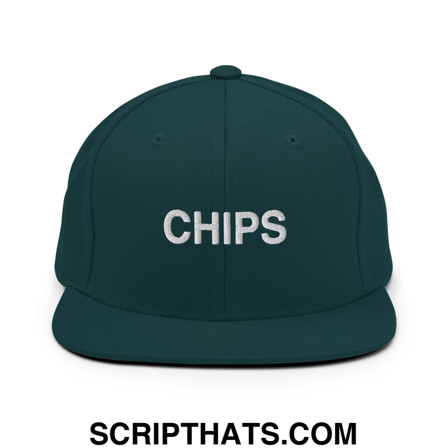 Chips Embroidered Flat Bill Brim Snapback Hat Spruce