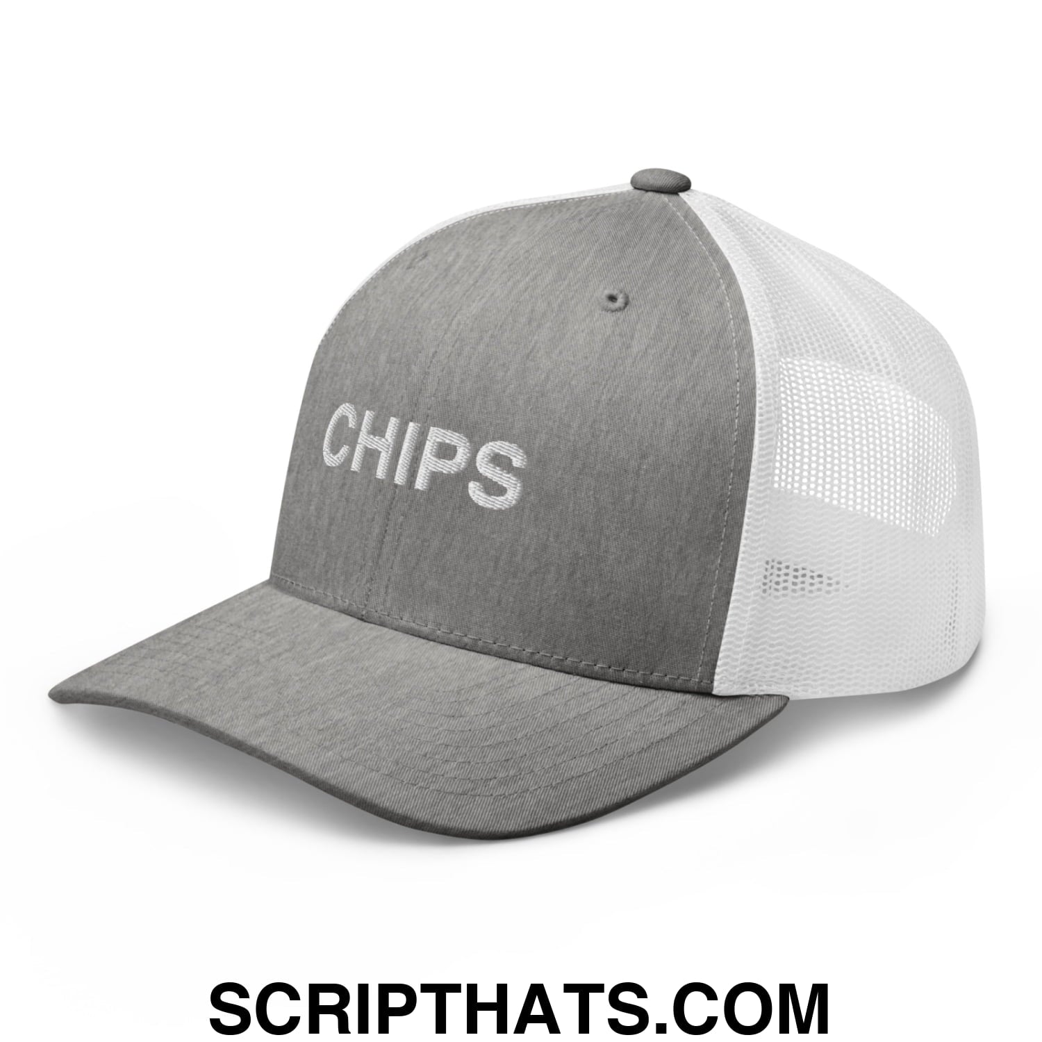 Chips Embroidered Mesh Trucker Hat Heather Grey White