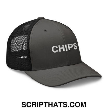 Chips Embroidered Mesh Trucker Hat Charcoal Black
