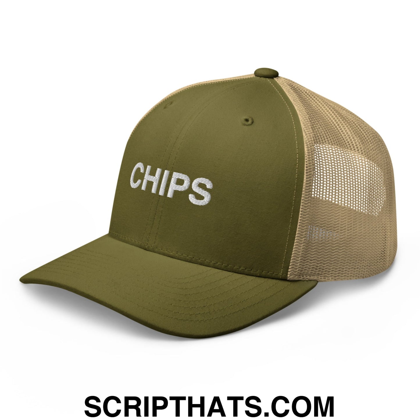 Chips Embroidered Mesh Trucker Hat Moss Khaki