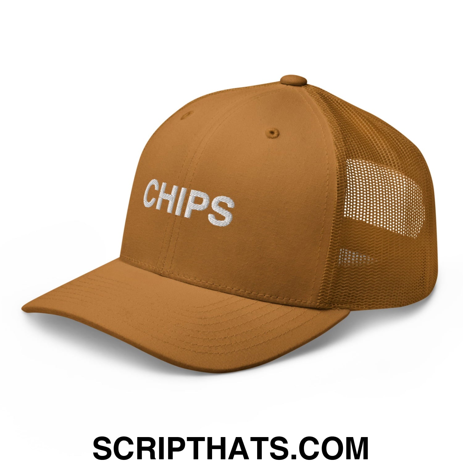 Chips Embroidered Mesh Trucker Hat Caramel