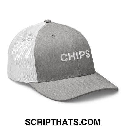 Chips Embroidered Mesh Trucker Hat Heather Grey White