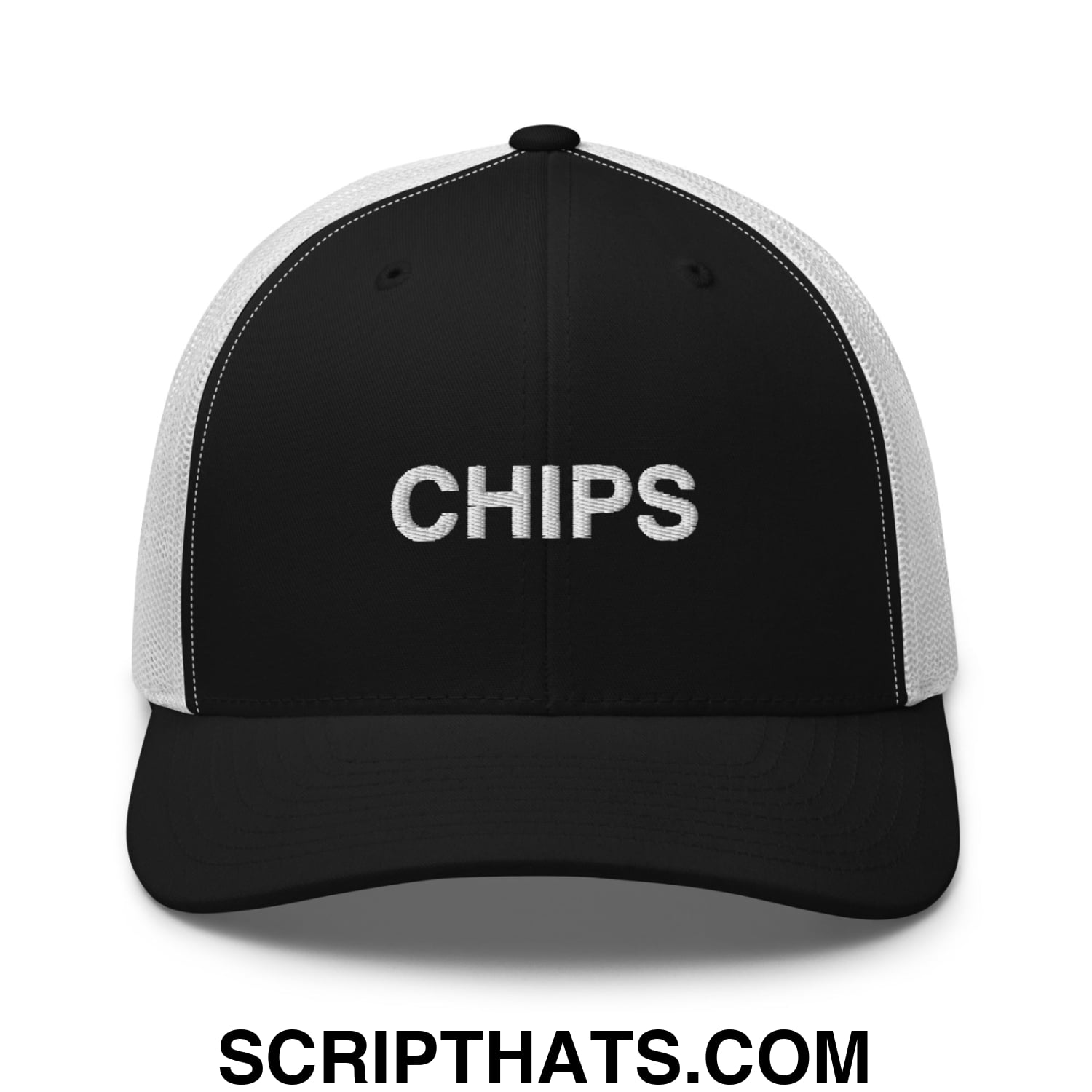 Chips Embroidered Mesh Trucker Hat Black White