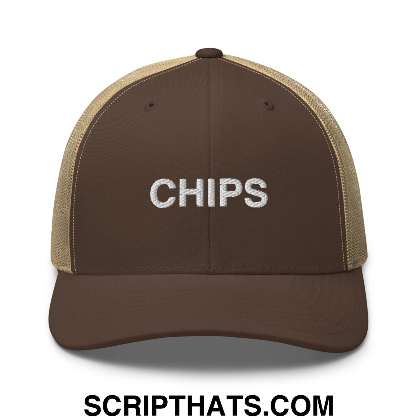 Chips Embroidered Mesh Trucker Hat Brown Khaki