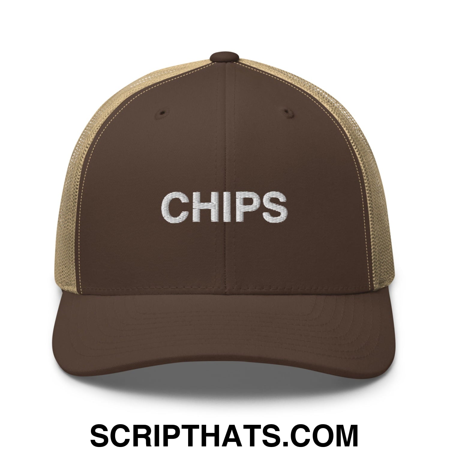 Chips Embroidered Mesh Trucker Hat Brown Khaki