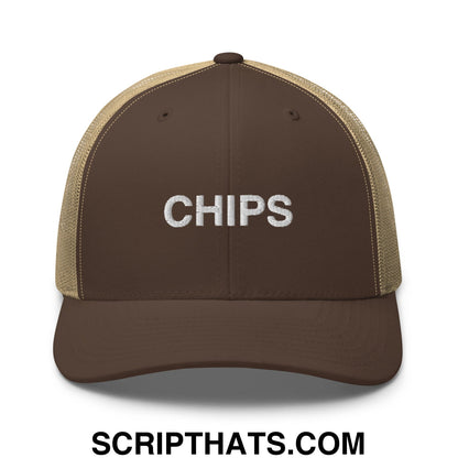 Chips Embroidered Mesh Trucker Hat Brown Khaki