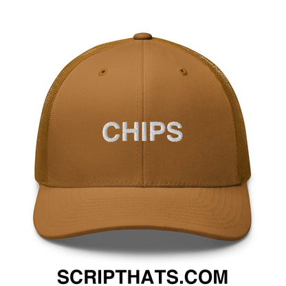Chips Embroidered Mesh Trucker Hat Caramel