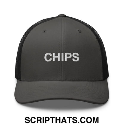 Chips Embroidered Mesh Trucker Hat Charcoal Black