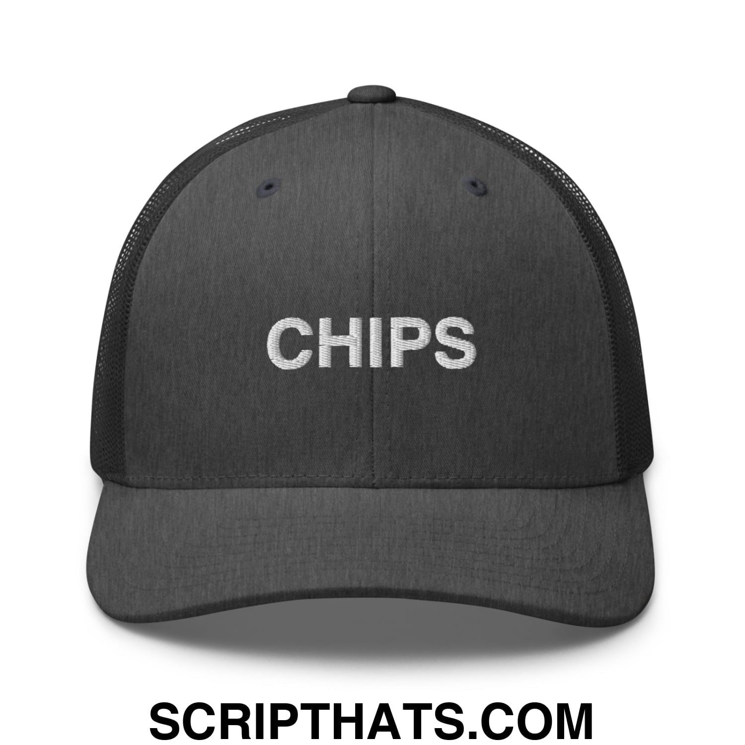 Chips Embroidered Mesh Trucker Hat Dark Heather Gray