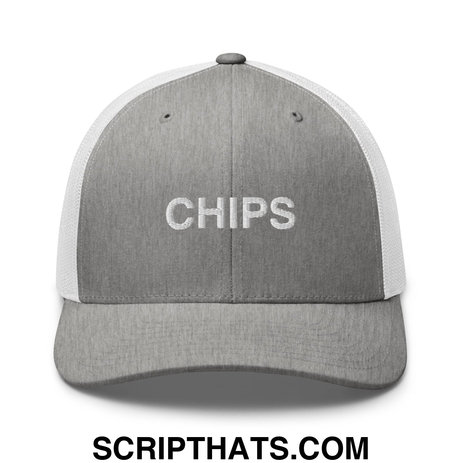 Chips Embroidered Mesh Trucker Hat Heather Grey White