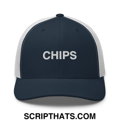 Chips Embroidered Mesh Trucker Hat Navy White