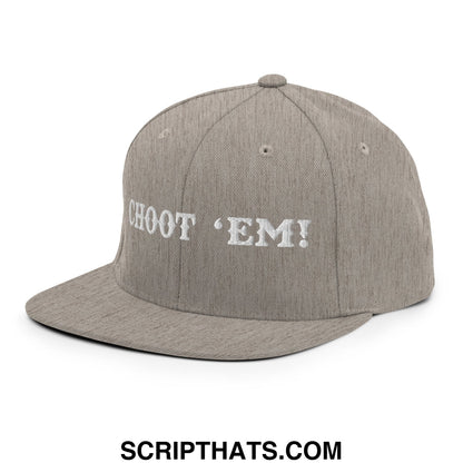 Gray snapback cap with white embroidered choot em flat bill brim in a casual streetwear style