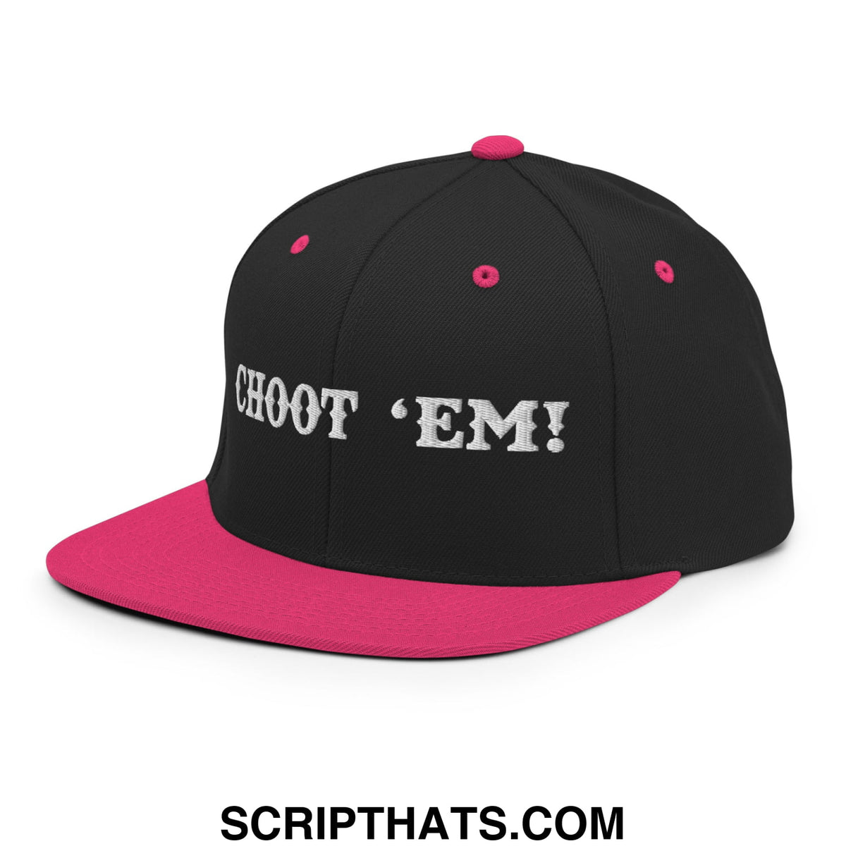 Black and pink snapback hat with white embroidered choot em text and flat bill brim design