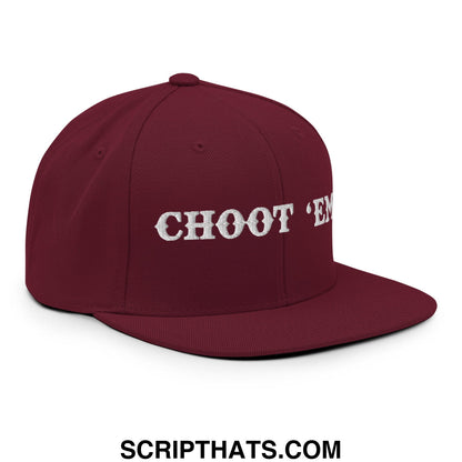 Maroon snapback cap with white embroidered choot em text and flat bill brim for casual wear