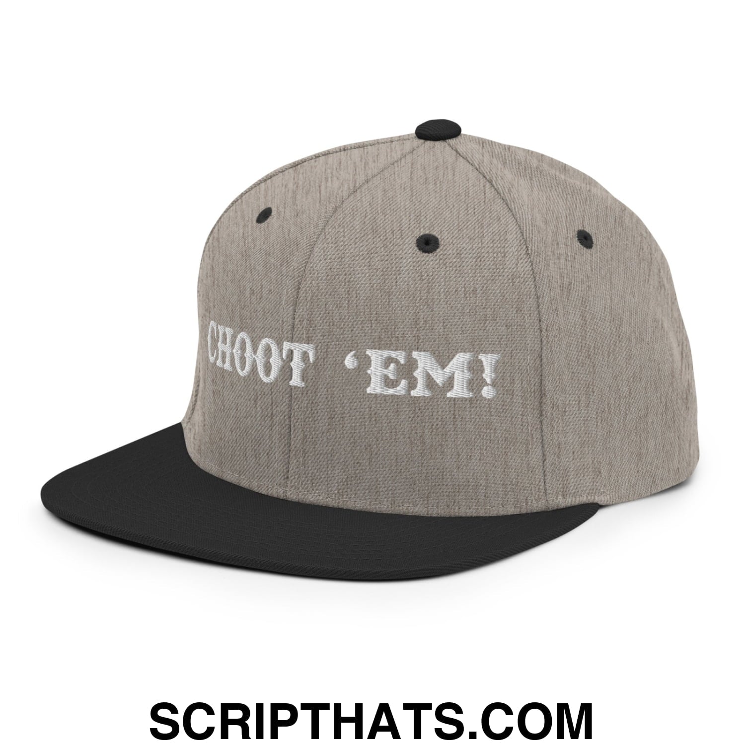 Choot 'em! Embroidered Flat Bill Brim Snapback Hat Heather Black