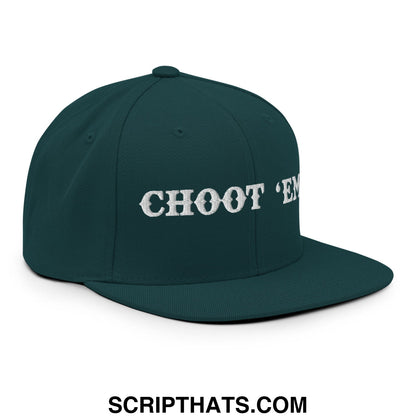 Dark green snapback hat with white embroidered choot em text and flat bill brim for casual wear