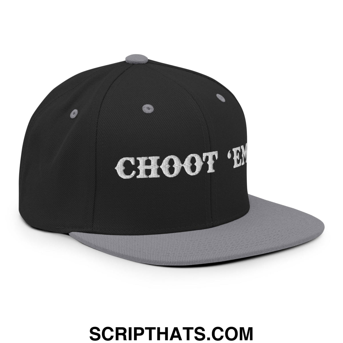 Black and gray snapback cap with white embroidered choot em text featuring a flat bill brim design