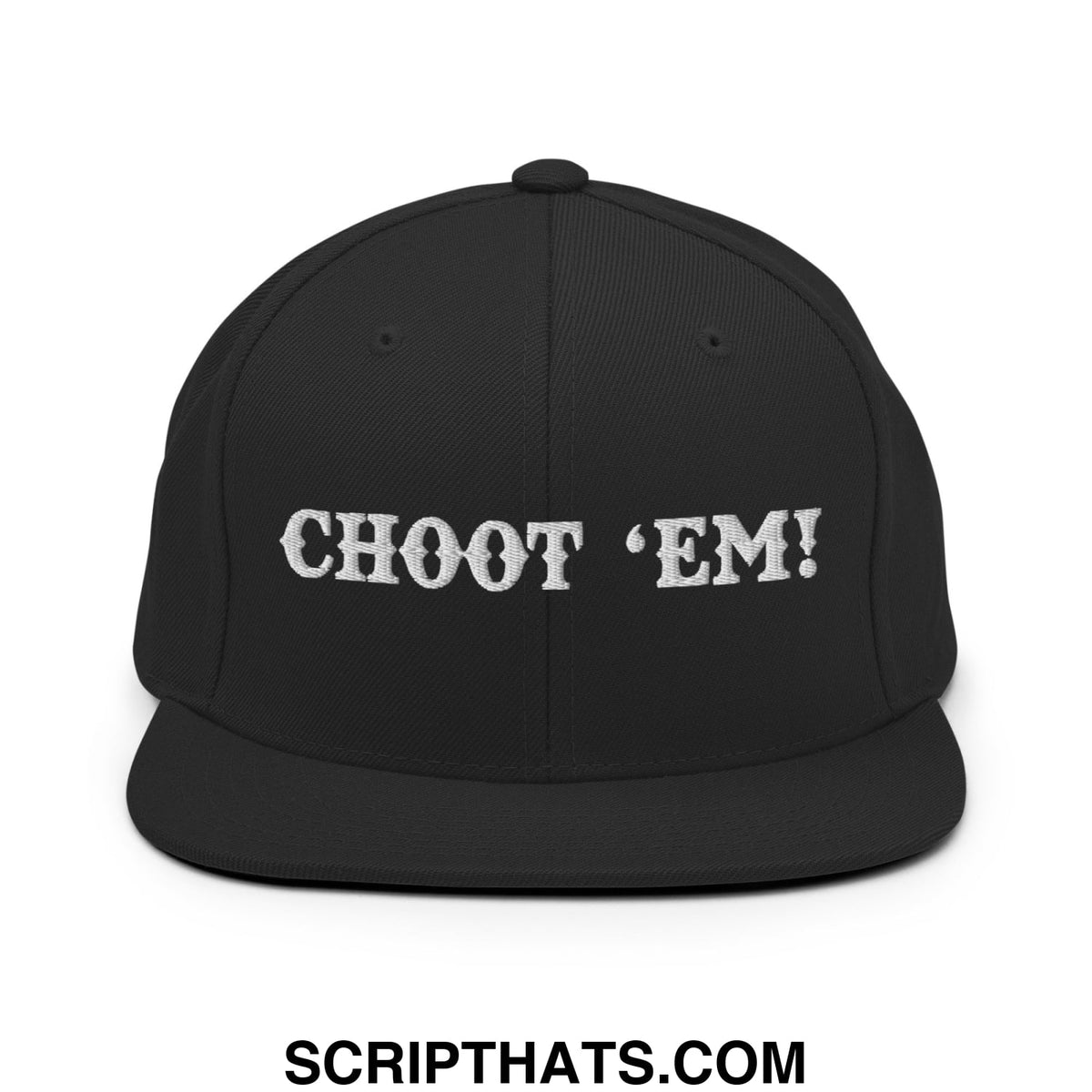 Black snapback hat with white embroidered choot em text flat bill brim style for casual streetwear use