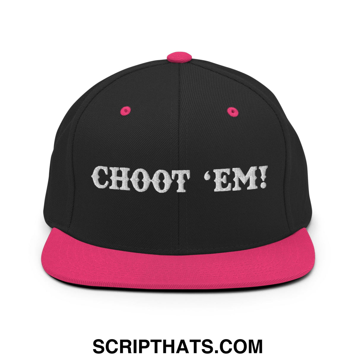 Black snapback cap with vibrant pink brim and button featuring white embroidered text choot em embroidered flat bill snapback hat