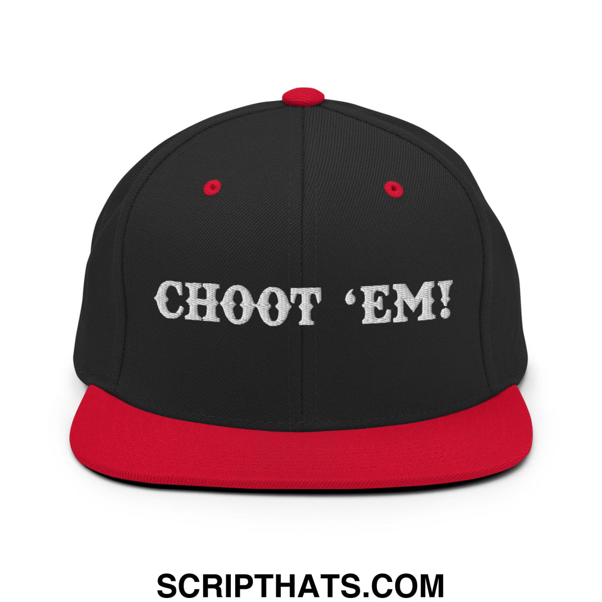 Black and red snapback cap with white embroidered choot em flat bill brim for casual streetwear