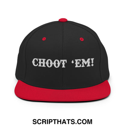Black and red snapback cap with white embroidered choot em flat bill brim for casual streetwear