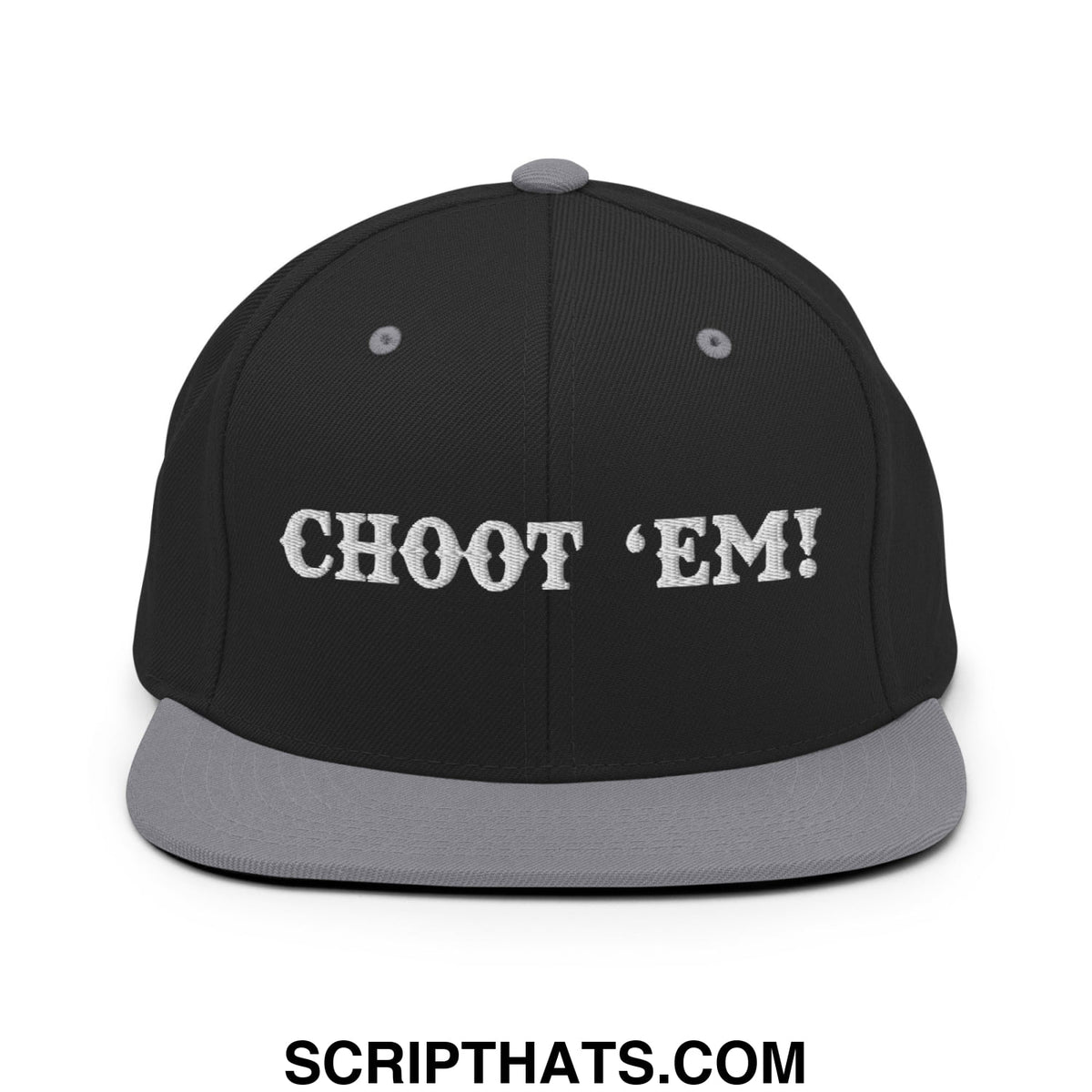 Black snapback cap with gray brim and button featuring white embroidered choot em text on front flat bill brim hat