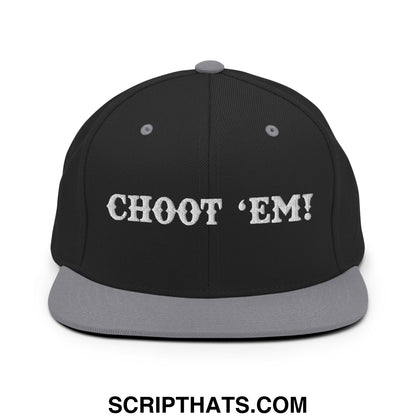 Black snapback cap with gray brim and button featuring white embroidered choot em text on front flat bill brim hat