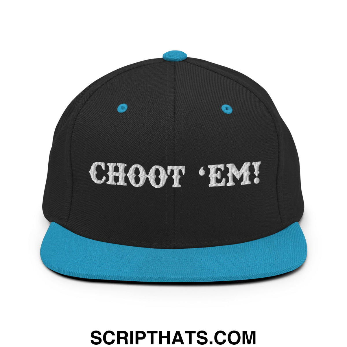 Black snapback cap with teal brim and button featuring white embroidered text choot em flat bill brim snapback hat