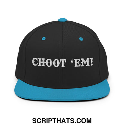 Black snapback cap with teal brim and button featuring white embroidered text choot em flat bill brim snapback hat