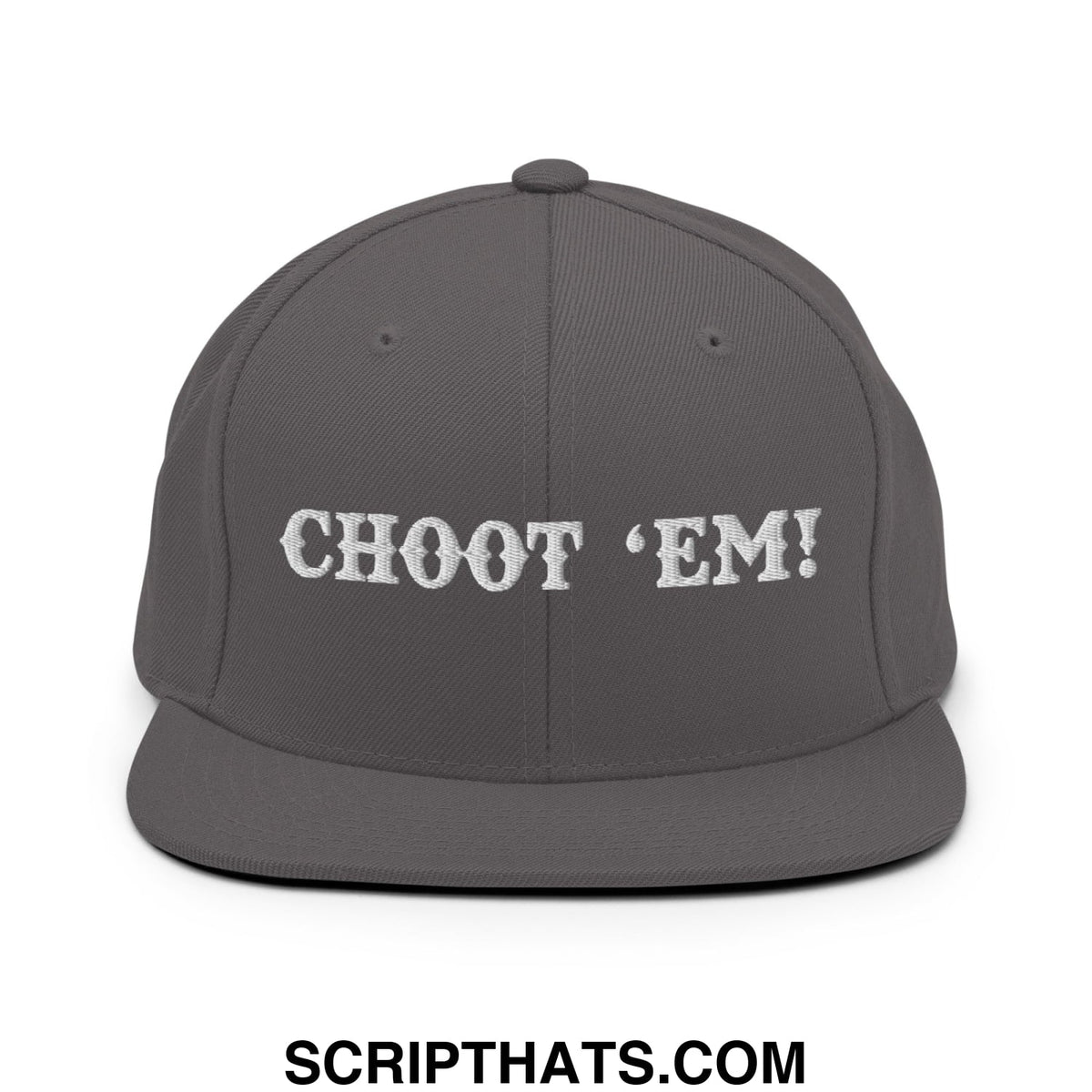 Gray snapback hat with white embroidered choot em text and flat bill brim for casual streetwear style