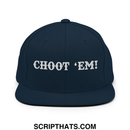 Navy blue snapback cap with white embroidered choot em flat bill brim designed for casual wear