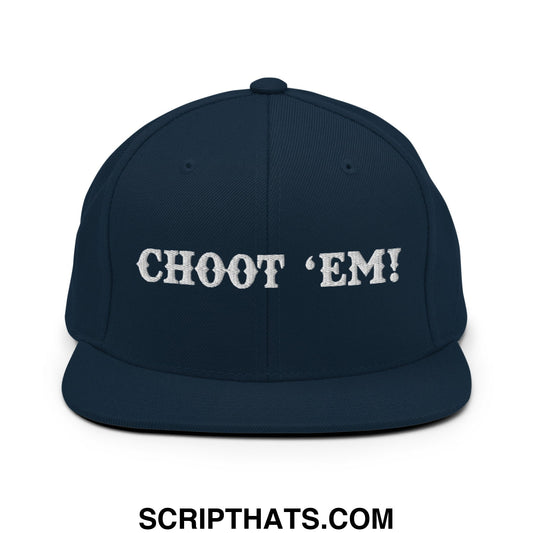 Navy blue snapback cap with white embroidered choot em flat bill brim designed for casual wear