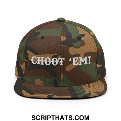 Camouflage snapback cap with white embroidered choot em flat bill brim for casual wear